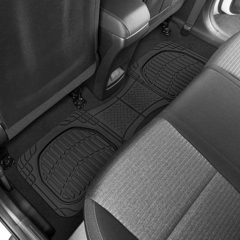 Premium Quality Heavy Duty Hella Durable All Weather Floor Mats Deep Dish Waterproof trim to fit black rubber guard set visible inside car.