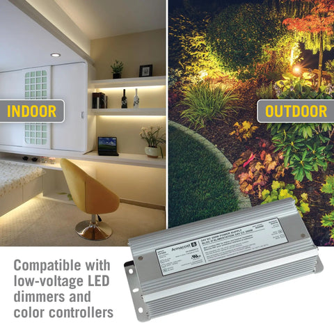 200W 24V DC LED Power Supply Silver Finish showing indoor and outdoor LED lighting compatibility