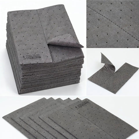 Heavy Duty Universal Absorbent Pads 10 X 13 Inch 100 Pack stacked showing textured absorbent sheets for spill cleanup.
