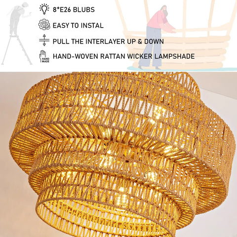Epic Large Gold Boho Rattan Chandelier With 8 Lights handwoven rattan pendant light close-up view, adjustable height