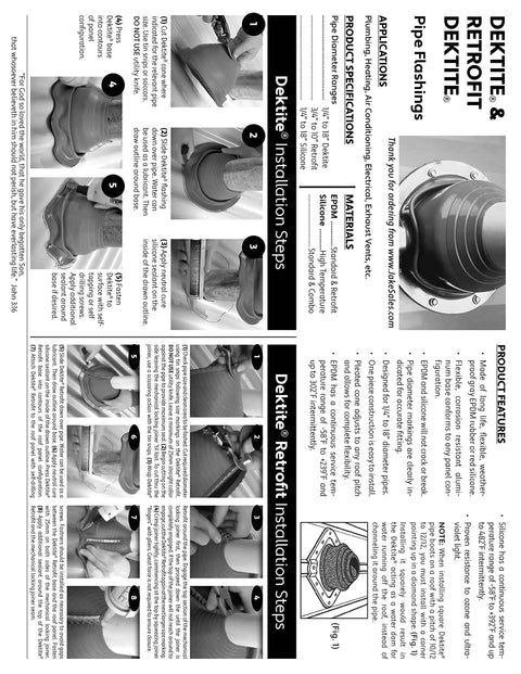 Installation guide for red silicone high temperature pipe flashing with 11 inch square base, fits 3 to 7 inch pipe, roof boot.