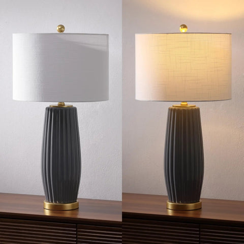 Gray 28.5 Inch Modern Ceramic Table Lamp With Fluted Base And White Linen Shade, Gold Accent, Energy Efficient LED Bulb Included