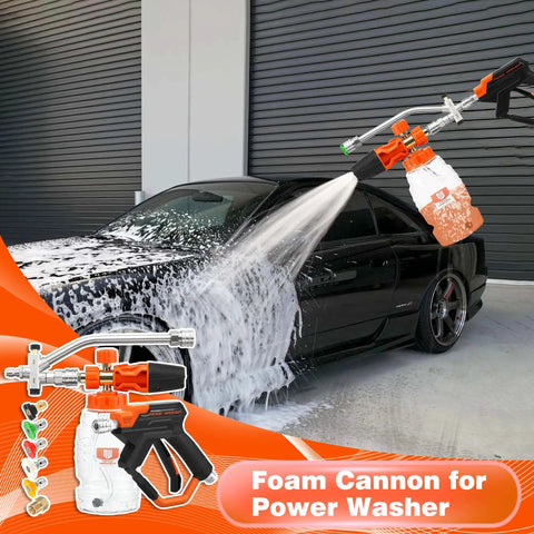 Dual Tip Foam Cannon For Pressure Washer Gun With Quick Connect One Quarter Inch Stainless Steel Car Wash Foam Blaster in use on car