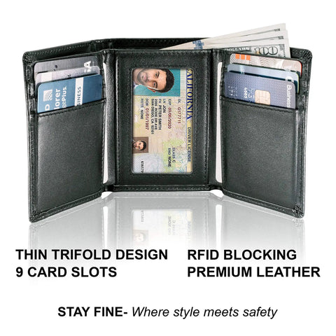 Top Grain Leather Trifold Wallet For Men With RFID Blocking showing open interior, card slots, ID window, and cash section.