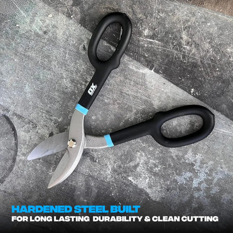 Heavy Duty 10 Inch Straight Cut Tin Snips With No Sweat Comfort Grip Handle For Cutting Aluminum Sheet Metal Roofing Ductwork And Iron Pro Workhorse Shears That Slice Clean on a gray surface.