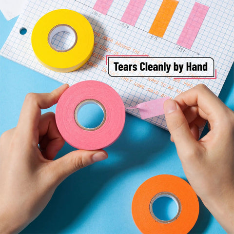 Hands using Colored Masking Tape Set 0.6 Inch By 15 Yards 6 Pack In Vibrant Yellow Green Blue Orange Pink Red for crafts