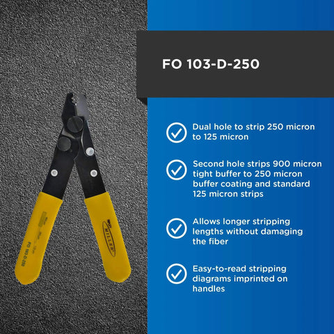 FO 103 D Series Dual Hole Fiber Optic Stripper with V-shaped opening and yellow handles, 2.72 oz, for clean jacket and buffer strips.