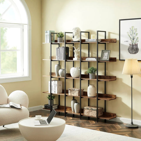 5 Tier Industrial Bookcase With Black Metal Frame Brown Finish Space Saving Storage Organizer in living room setting