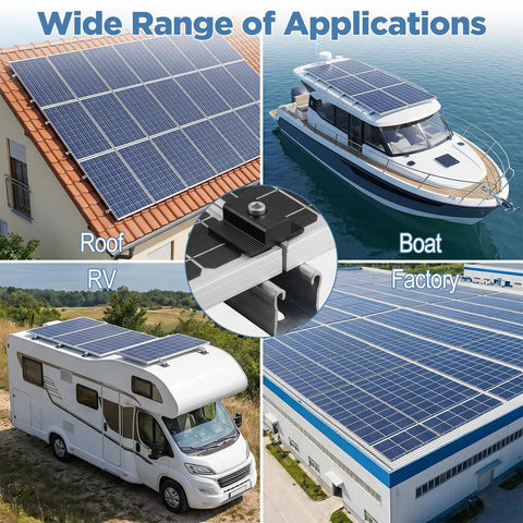 10 Piece Mid Clamp Kit For Solar Panels Compatible With Unistrut Rails 30mm And 35mm; installation examples on roof, boat, RV, factory