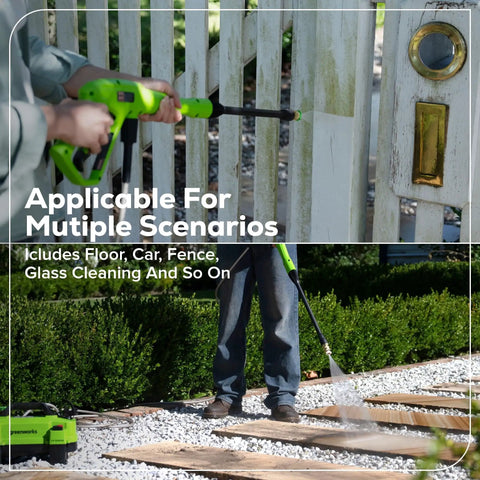 Person using Ultra Compact 1700 PSI 1.2 GPM Pressure Washer for quick no fuss home cleaning on outdoor walkway and fence.