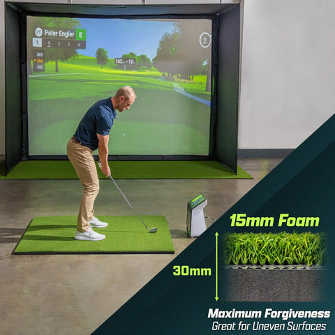 Man practicing golf swing on Elite 5 by 4 Foot Golf Hitting Mat with 15 mm artificial turf and EVA foam in an indoor simulator