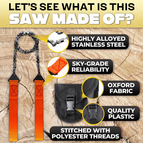 Pocket Chainsaw For Survival With Bag Stainless Steel 25 Inch Folding Tree Saw With Bi-Directional Teeth and components.