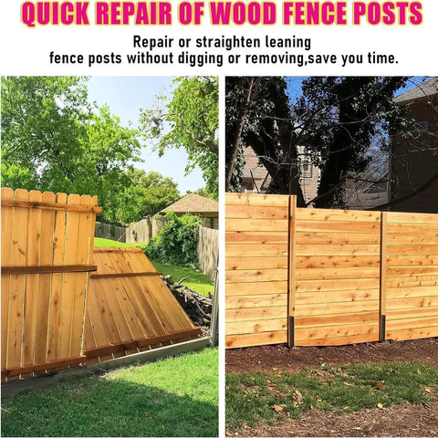 Before and after using Heavy Duty Two Pack Fence Post Repair Kit Straighten Out Leaning Wooden Fences Quick With Ground Spike Anchors.