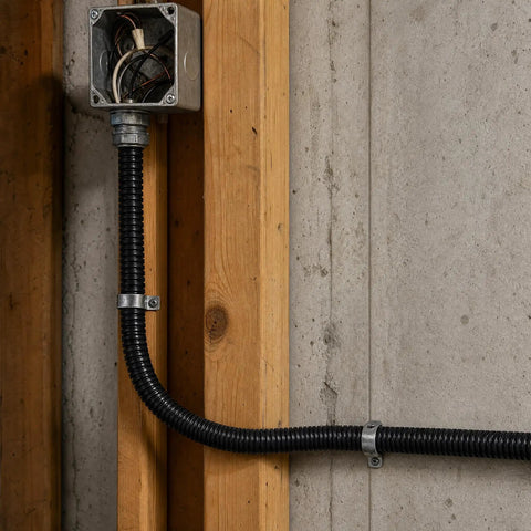 High Flex Corrugated Cable Conduit, 51 Mm Heavy Duty Wire Raceway With Galvanized Steel Core, 20 Meter Roll installed around wiring in a garage.
