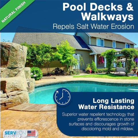 Top Shelf Natural Stone Sealer One Gallon Clear Finish Heavy Hitter Formula applied to pool deck area, showcasing water resistance.