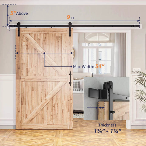 9ft Barn Door Hardware Kit with I shape hanger installed on wooden door, showing sliding track system with 54-inch width max and dimensions.