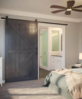 9ft Barn Door Hardware Kit with I shape hanger installed in bedroom, showcasing heavy duty sliding track system for single doors up to 54 inches wide.