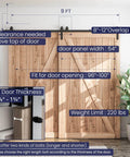 9 Feet Bypass Sliding Barn Door Hardware Kit for Double Wooden Doors with Single Track, installed on wooden doors in room