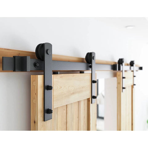 Close-up of 9FT Double Sliding Barn Door Hardware Kit for Two 27 Inch Door Panels with carbon steel track and nylon rollers