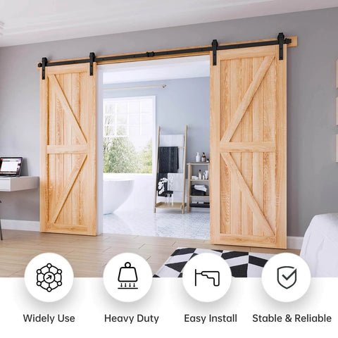 9 FT Double Door Sliding Barn Door Hardware Track Kit installed in home interior with basic J pulley and black powder coated finish