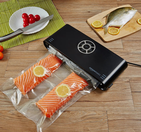 White Vacuum Sealer Bag Rolls Two Pack Heavy Duty Food Storage Compatible With Any Machine Hella Durable And Straight Up Essential For Freezer Safe Food Prep with salmon and lemons.