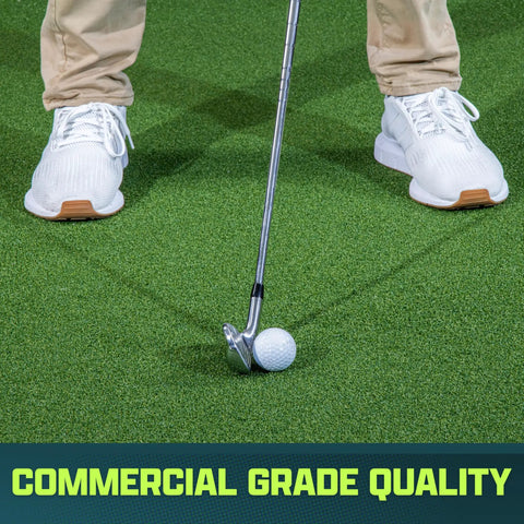 Golfer standing on 12x6 Ft Golf Simulator Turf Mat 15mm Elite Indoor Golf Mat For Home Setups Premium Commercial Grade Turf