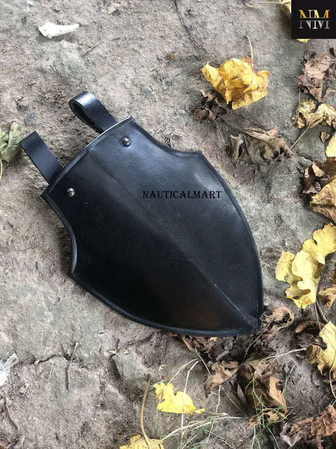 Medieval Markward Shield Tasset Armor for Cosplay and LARP on ground, blackened steel with dual belt loops
