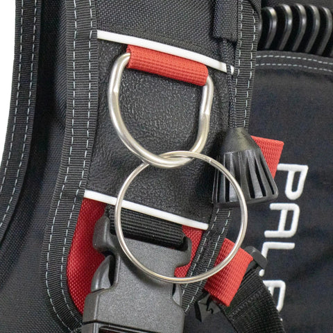51mm Stainless Steel Split Rings For BCD Attachment, 2.5mm Wire, 5 Pack, attached to scuba gear