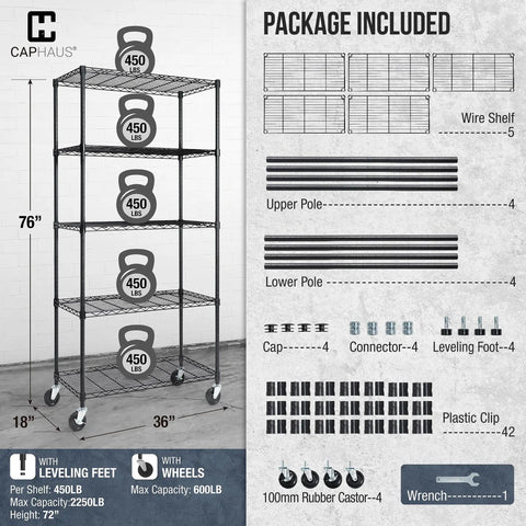 Top Shelf Heavy Duty 5 Tier Wire Shelving Rack With Smooth Rolling Wheels And Quick Adjust Leveling Feet For Tough Kitchen Or Shop Setup Game Changer with weights.
