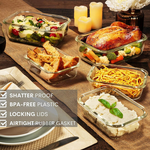 Large 63 Oz Glass Storage Set With Locking Lids, 8 Cup Containers, 4 Pack, BPA Free And Leak Proof, holding various foods