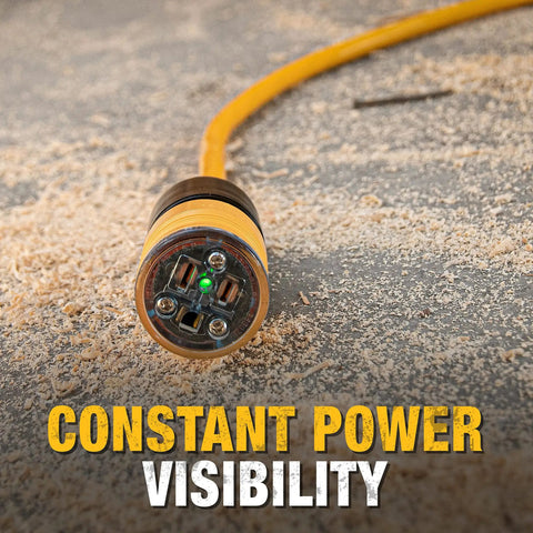 Close-up of 100 Foot Lighted Extension Cord With Click-To-Lock, LED indicators showing power and ground status on weatherproof cable.