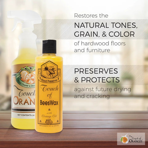 Beeswax Wood Polish And Restorer Bundle For Hardwood Floors bottles on wooden surface with text showing product benefits.