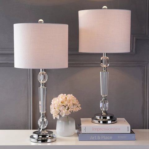27 Inch Clear Crystal LED Table Lamp Set of 2 for Living Room or Bedroom with chrome base and white linen shade