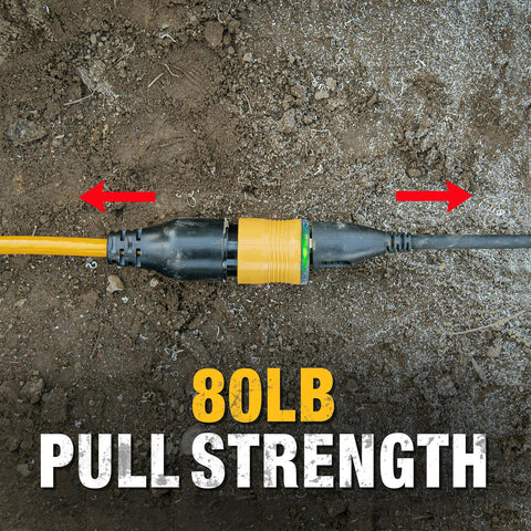 80LB pull strength of 100 Foot Lighted Extension Cord With Click-To-Lock 12/3 SJTW shown on soil highlighting durability.