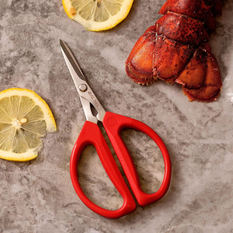 Unlimited Kitchen Scissors All Purpose Kitchen Shears With Comfortable Red Handles, Heavy Duty Stainless Steel Blades For Kitchen Tasks, Craft Cutting, Food Prep And More, beside lobster and lemon slices