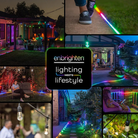 Lit Color Changing LED Landscape Path Lights Kit illuminating outdoor patio and walkway with vibrant colors at night
