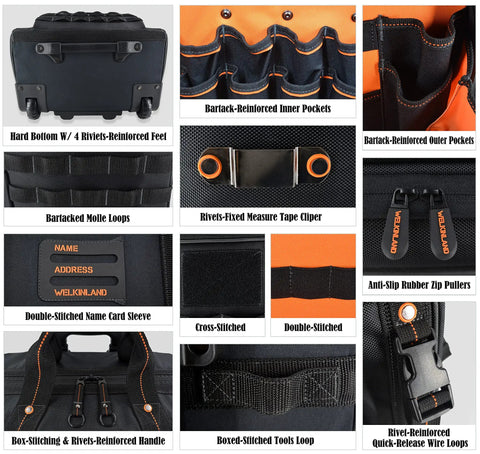 46 Pocket 26 Inch Rolling Tool Bag On Wheels For Pros with heavy duty details and reinforced stitching for durability