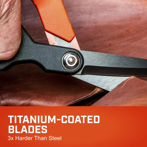 10 Inch Titanium Coated Offset Tradesman Shears For Cutting Leather, Wire, Cardboard Industrial Heavy Duty Utility Scissors Right Hand CW10T showing titanium blades cutting leather