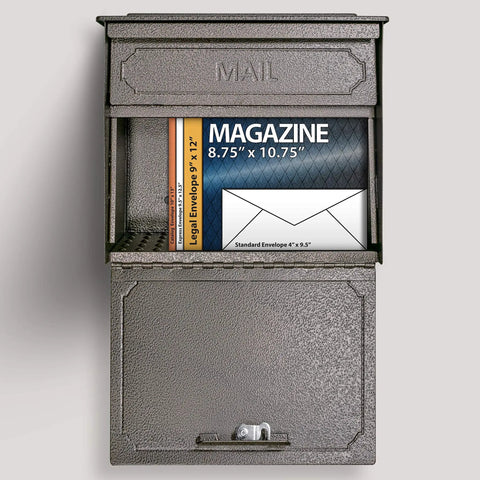 Townhouse Bronze Wall Mount Locking Mailbox with Large Capacity, open with envelopes and magazine display inside.