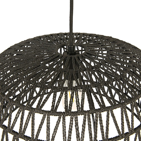 Top view of Boho Modern Hanging Rattan Pendant Light With Iron Frame And Natural Paper Wrap Charcoal Gray Woven Lamp In Black Finish