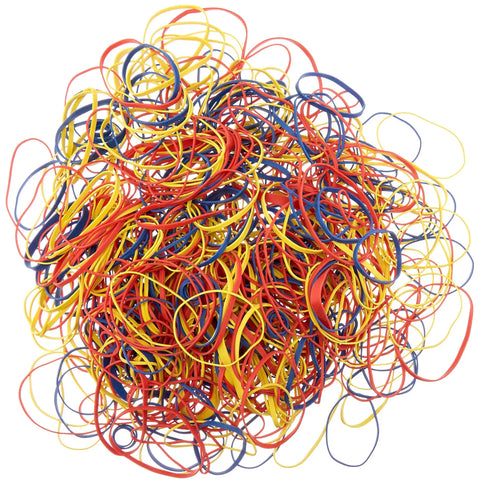 No Sweat Assorted Rubber Bands Rock Solid Premium Natural Elastic Grip For Daily Office And Home Packing Needs In Bright Red Blue And Yellow Storage Supply Bundle pile of assorted rubber bands in red, blue, and yellow.