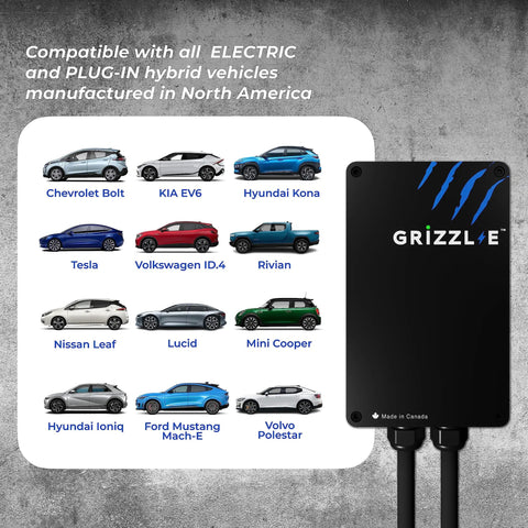 Graphic showing compatibility of Beefy Level 2 EV Charger With WiFi Smart Connect for various electric vehicles.