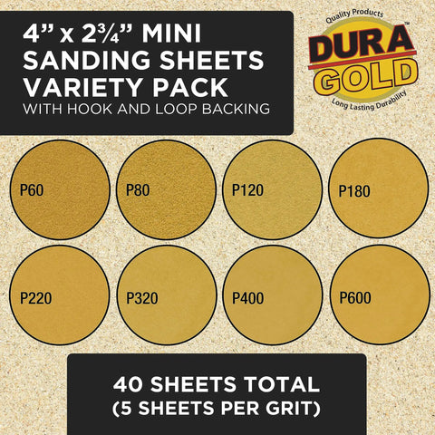 Variety pack of mini hook and loop sanding sheets, showing different grits, compatible with Contour Hand Sanding Block Set.