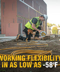 Worker using 100 Foot Lighted Extension Cord With Click-To-Lock 12/3 SJTW Heavy-Duty Outdoor Weatherproof Power Cable on construction site