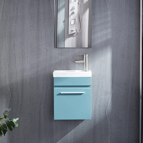 Compact 16 Inch Floating Bathroom Vanity With White Ceramic Vessel Sink Blue MDF Storage Cabinet Modern Minimalist Design