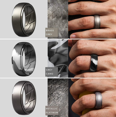 Mens Silicone Wedding Ring With Breathable Rubber Band Crafted To Handle Daily Grinds And Heavy Sweats Flexible Cushy Feel in Grey Camo color.
