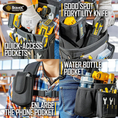 Built Tough Tool Belt Set With Suspenders And Pro Vest Ultra 20 Pouches H Style Apron Pouch showcasing quick-access pockets.
