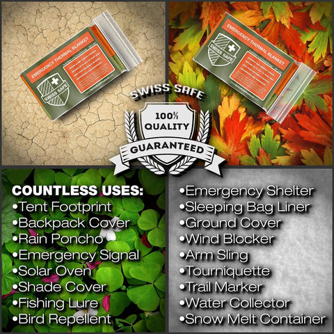 4 Pack Mylar Emergency Blankets For Survival with uses for camping, hiking, first aid on textured and leaf backgrounds, quality seal.
