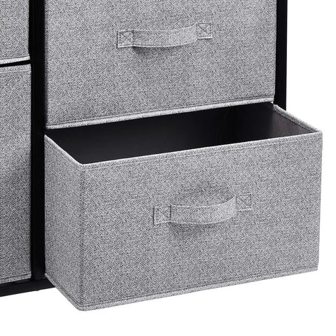 Heavy Duty Five Drawer Closet Organizer In Sleek Black Fabric With Hella Roomy Canvas Drawers Zero Hassle Design For Bedroom Or Living Room Stores Outfits Smooth And Simple with open canvas drawer.
