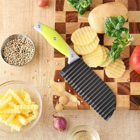 VRUIFA French Fry Cutter, front view, lime-green handle and black ribbed blade on cutting board.